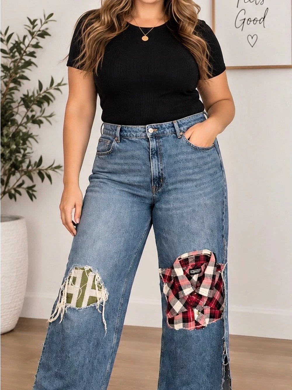 19” w Wide Leg Patchwork Jeans in Blue & Red